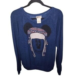 Disney Parks Mickey Mouse Winter Hat Graphic Blue Long Sleeve Pullover Sweater